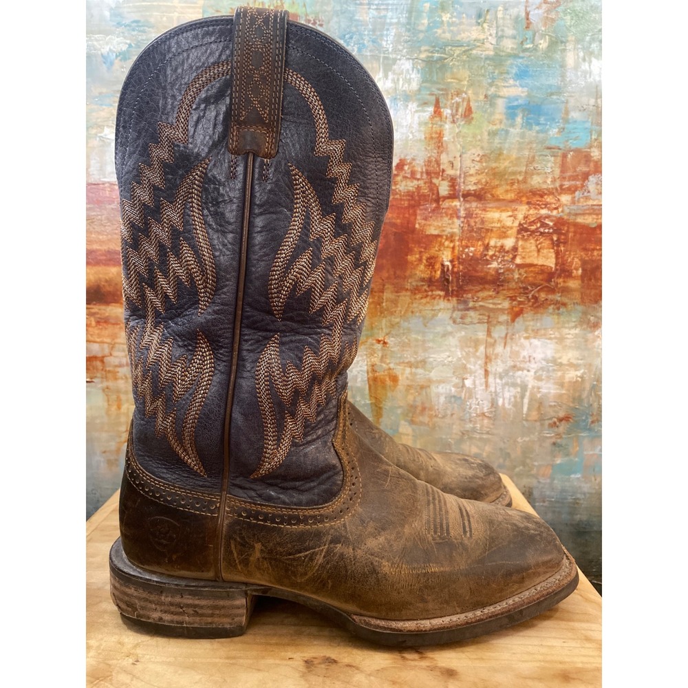 Ariat Mens Brown Navy Leather Square Toe Western Cowboy Boots Distressed